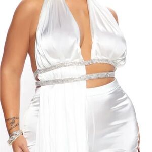 Fashion Nova White Satin Halter Rhinestone Tie Crop Top